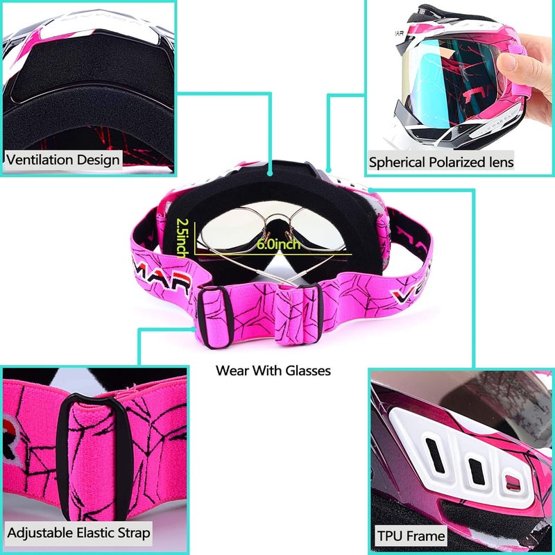 Ubelly Motorcycle Motocross Goggles ATV Racing Goggles Dirt Bike Tactical Riding Motorbike Goggle Glasses, Bendable Windproof Dustproof Scratch Resistant Protective Safety Glasses (Pink) - Image 5